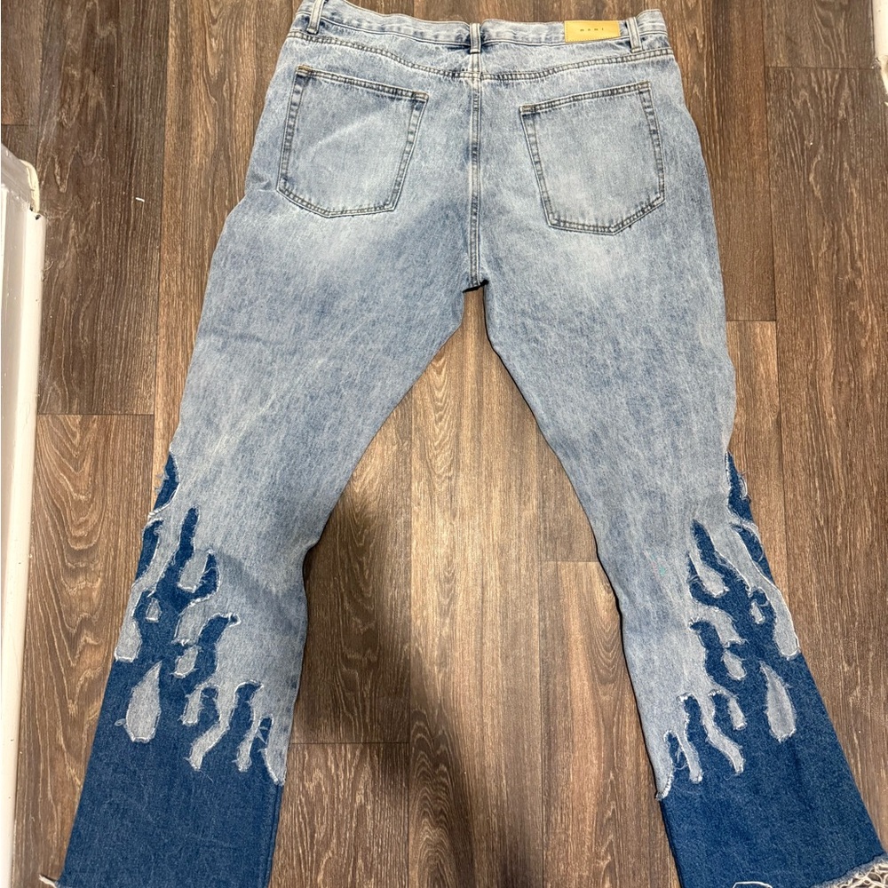 MNML Blue Straight Jeans with Flame Design